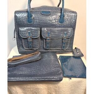 Rolling Laptop Bag Women Large Blue Excellent Faux Croc Embossed Travel Set